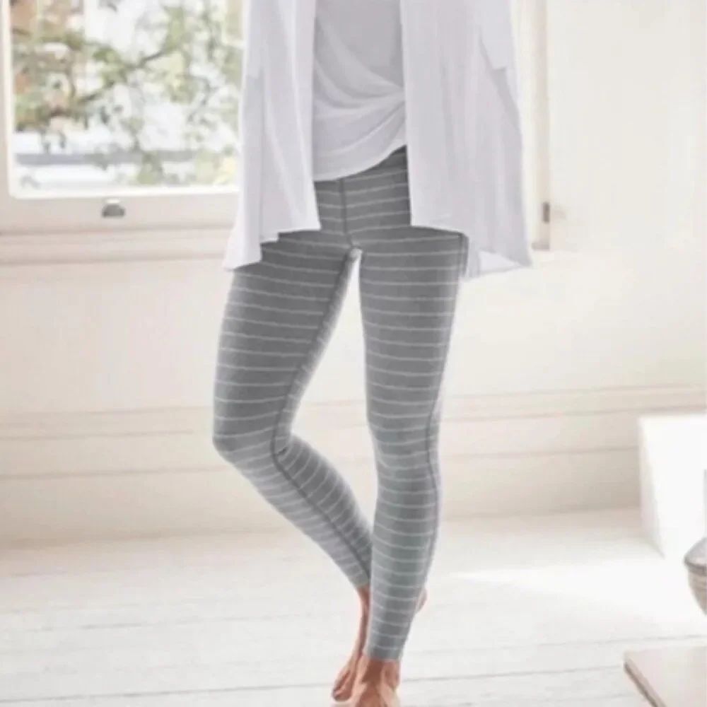 Athleta Women's Grey and White Striped Leggings in Size ST